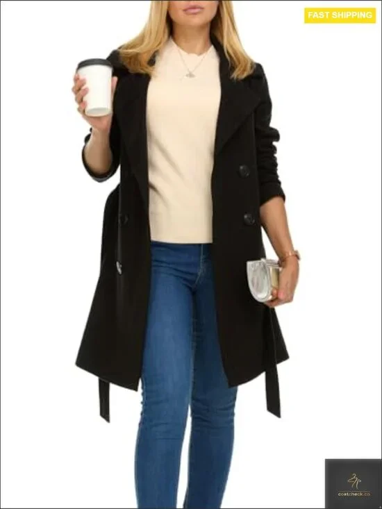 Double-Breasted Trench Coat Classic Elegant Faux Wool Winter Coat Fitted - Picture 4 of 7